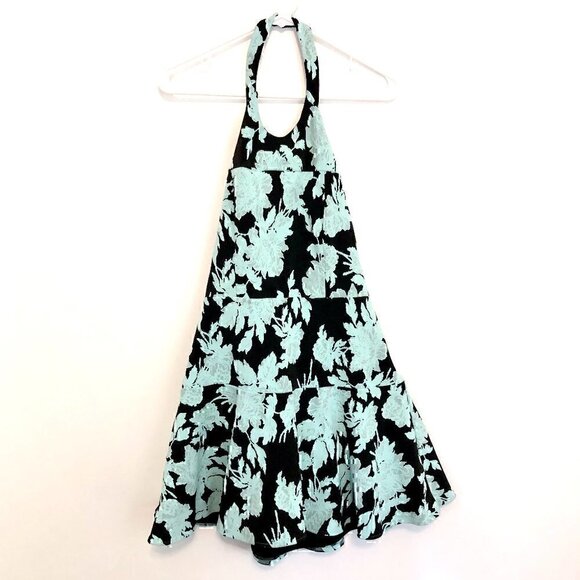 PARKER Leona Dress Aqua Blue Black Jacquard Textured Floral Halter Cutout Back S - Picture 2 of 12